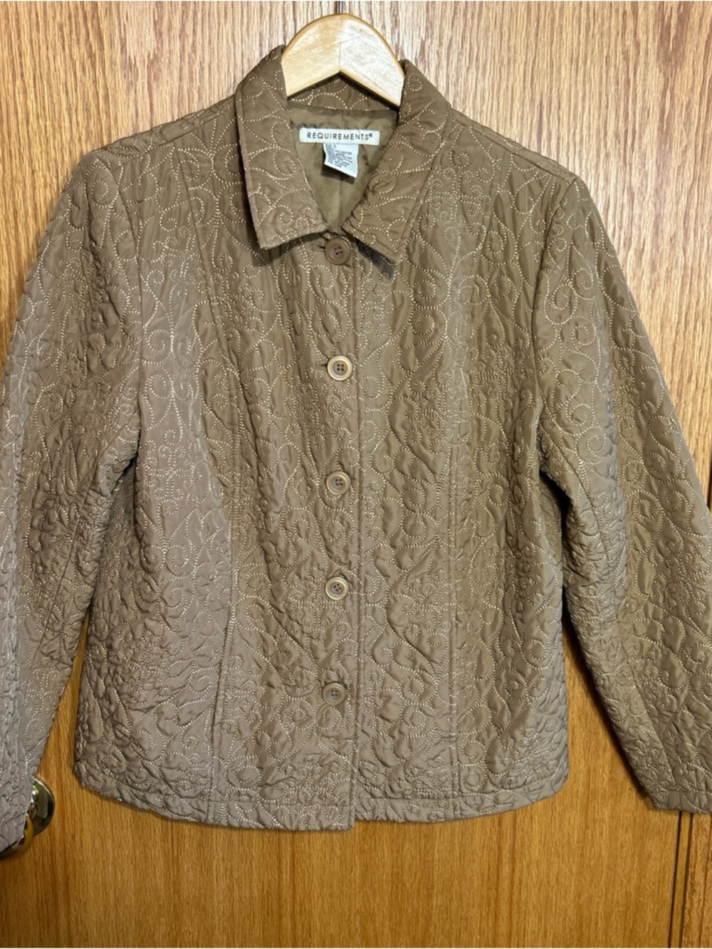 REQUIREMENTS Quilted Tan Utility Jacket with Subtle Floral Stitching large